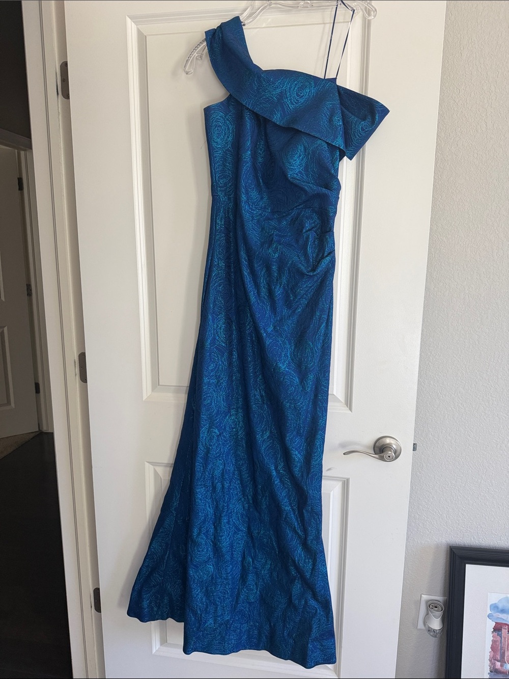 Teri Jon One-Shoulder Sapphire Blue Evening Gown for wedding